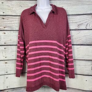Maurices Women’s Plus 1X Burgundy Striped Collared Long Sleeve Top